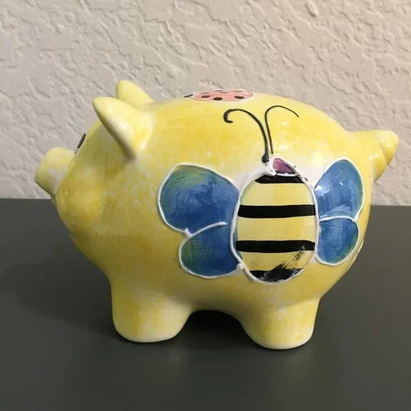 Piggy Bank Yellow Ceramic With butterfly Collectable - Picture 3 of 8